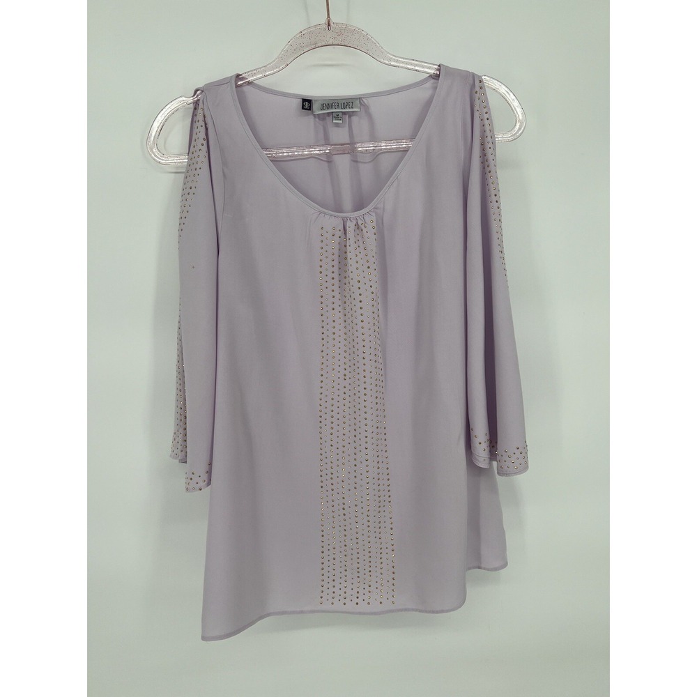 Jennifer Lopez Rayon Light Pinkā Blouse Women's Sz M Cold Shoulder Gold Studs